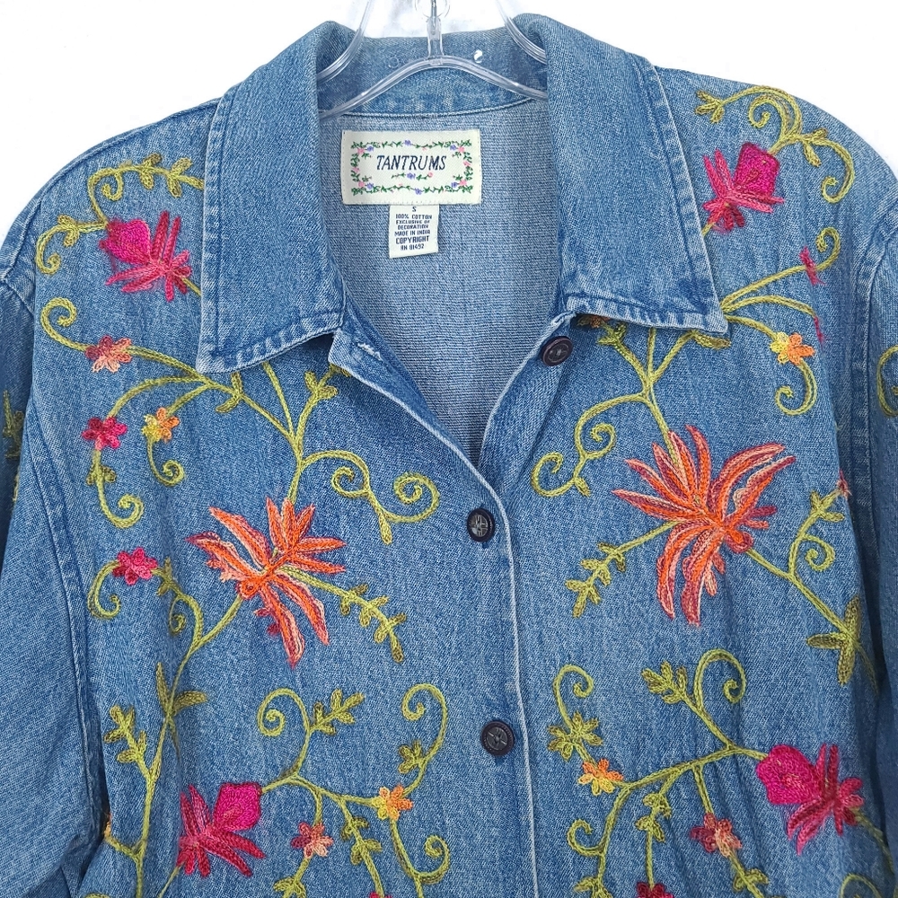 Tantrums Blue Denim Button-Down Jacket with Orange & Red Floral Embroidery - Picture 8 of 13